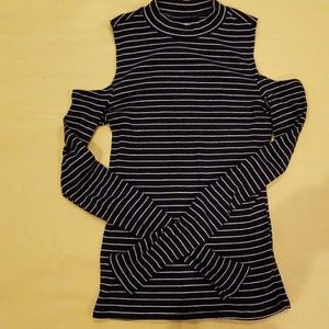 B&W Striped Cold Shoulder Small Long Sleeve Top